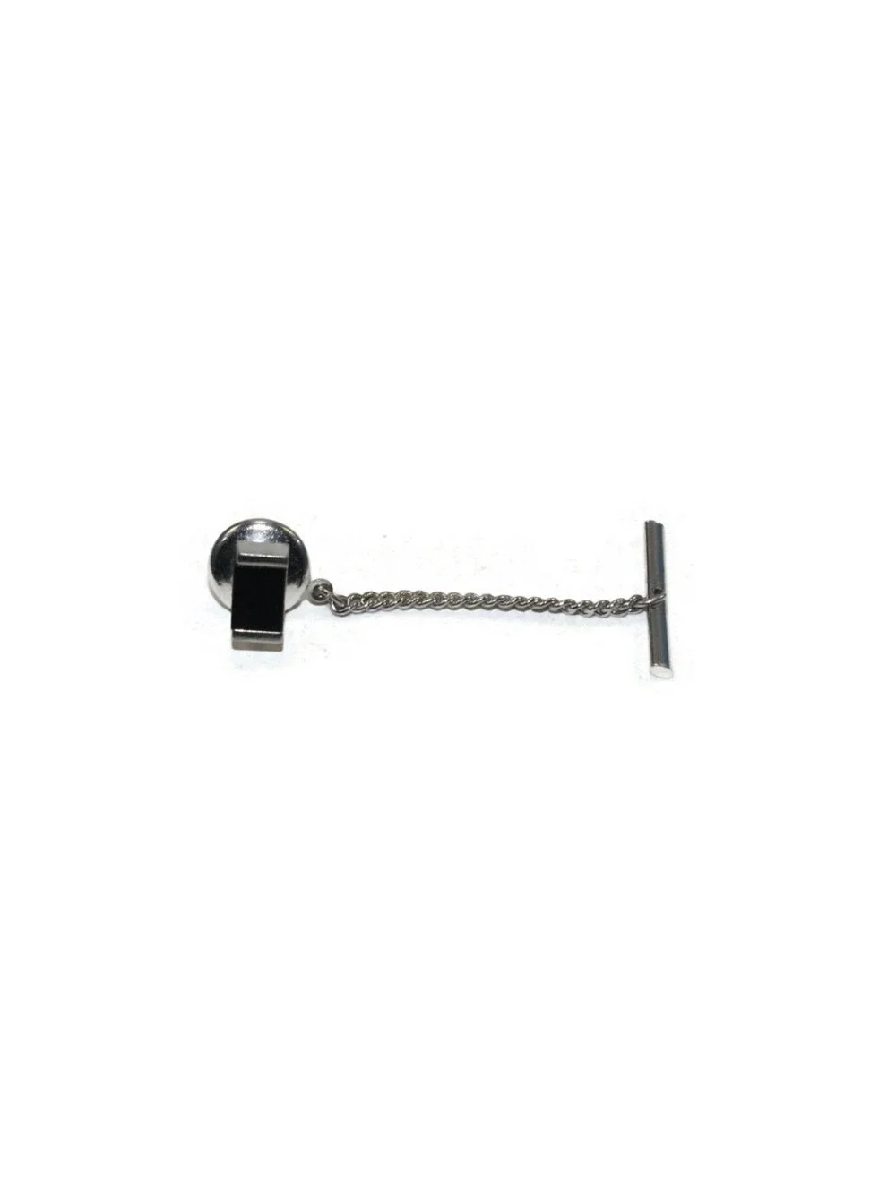 Vintage Swank Silver Tone and Black Plastic Rectangular Tie Tack with Chain.